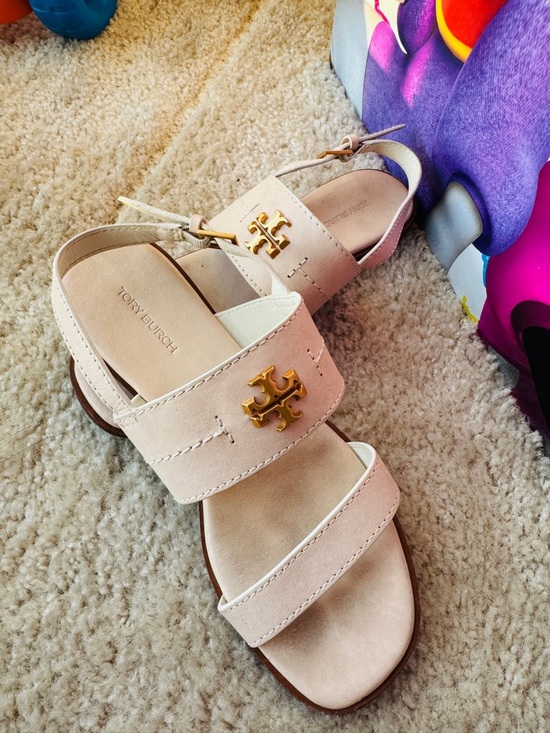 Tory Burch Shoes - Tory Burch Blush Leather Double-Strap Sandals with Gold Logo